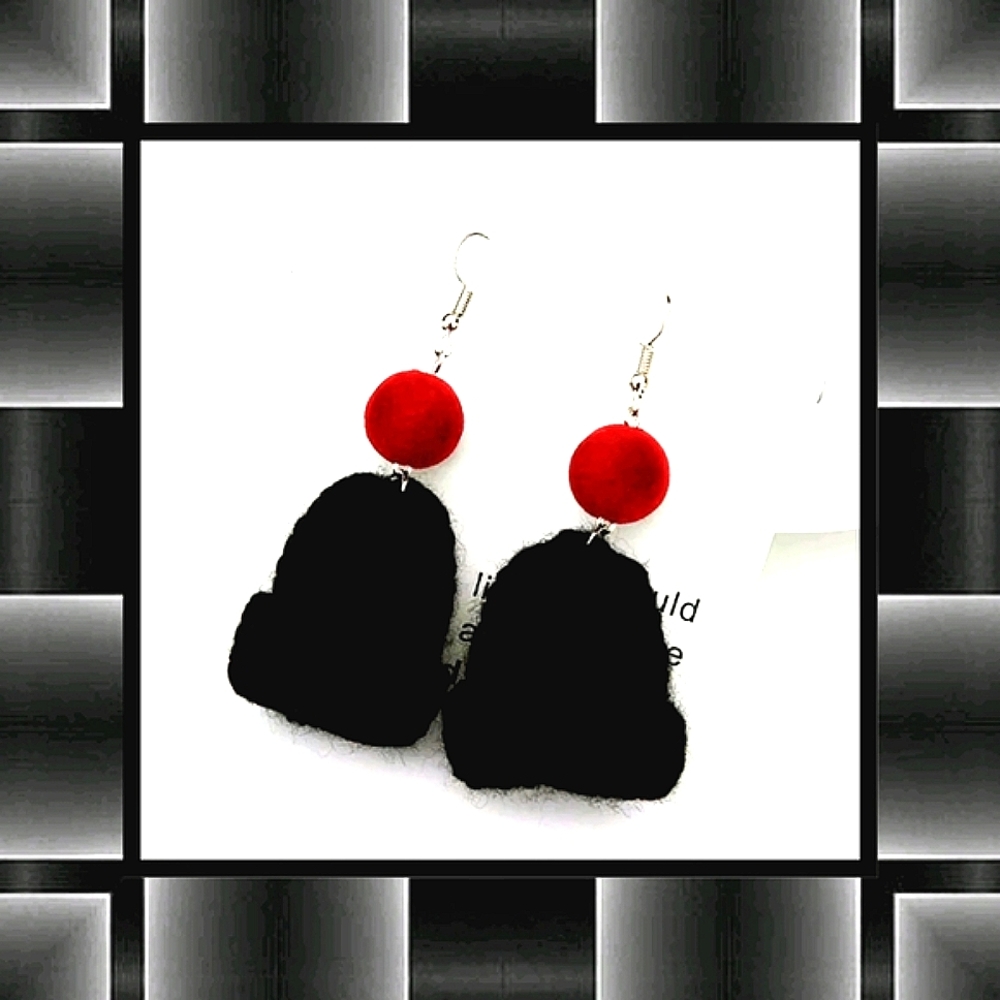 Women's Black and Red Wool Hat Dangle Earrings